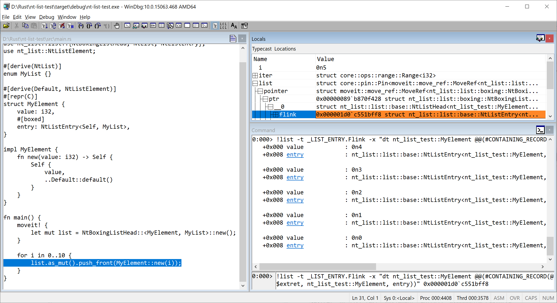 Using WinDbg to traverse a Windows Linked List created by the nt-list Rust crate